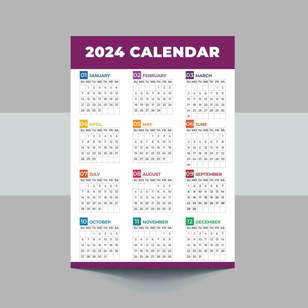 2024 Calendar template design. Week starts on Sunday office calendar. Desktop planner in simple clean style. Corporate or business calendar. English vector calendar layout.