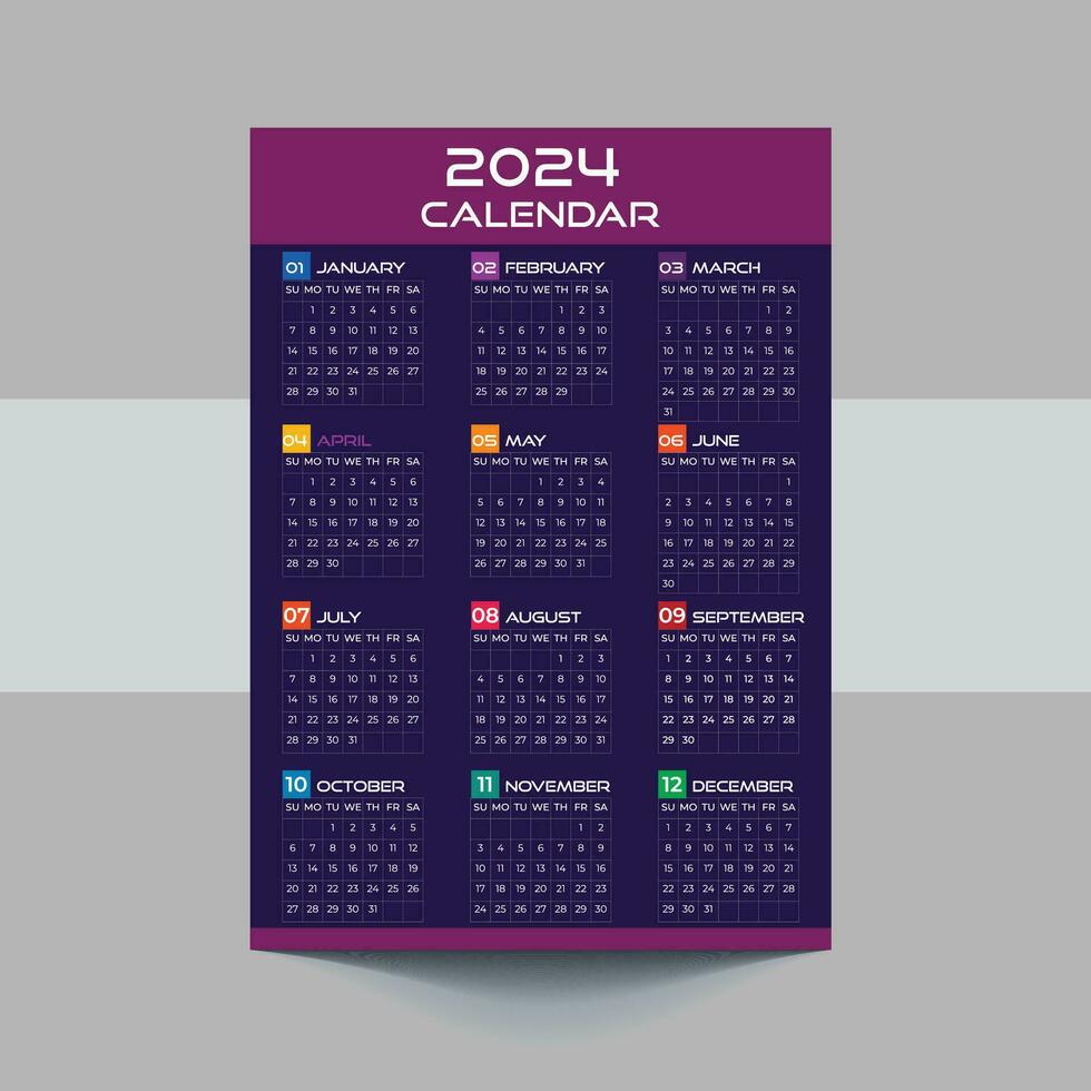 2024 Calendar template design. Week starts on Sunday office calendar. Desktop planner in simple clean style. Corporate or business calendar. English vector calendar layout.