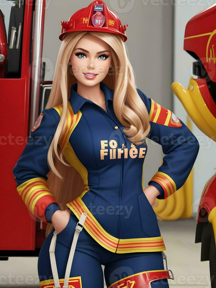 Barbie in Firefighter Dress AI Generative photo