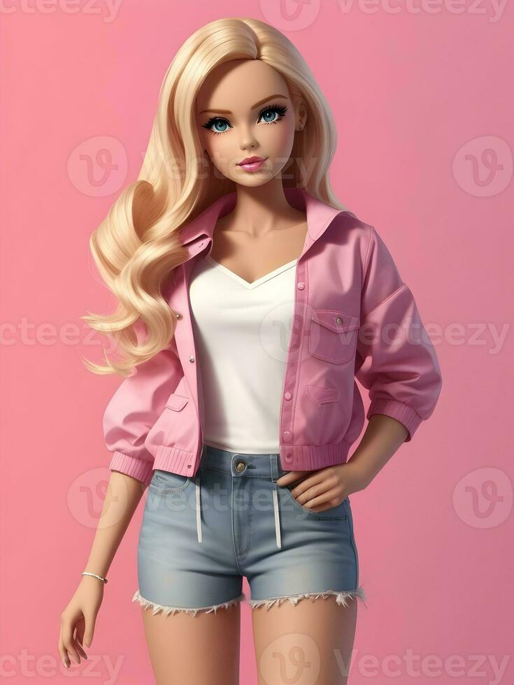 Barbie Doll Cute Blond Girl Pink Outfit Pink Wallpaper AI Generative photo