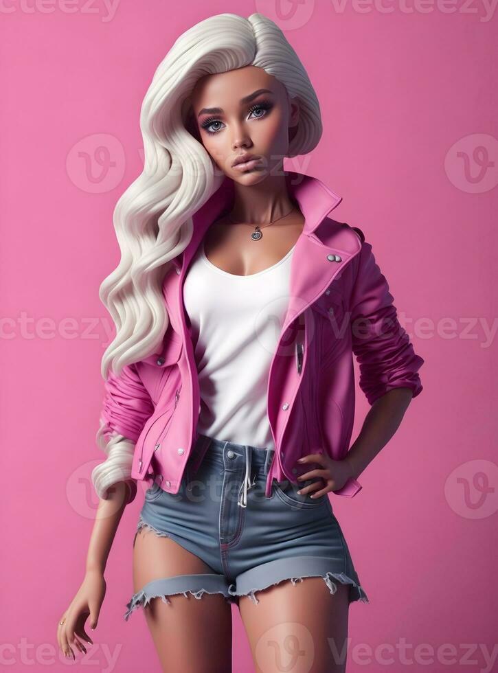 Barbie Doll Cute Blond Girl Pink Outfit Pink Wallpaper AI Generative photo