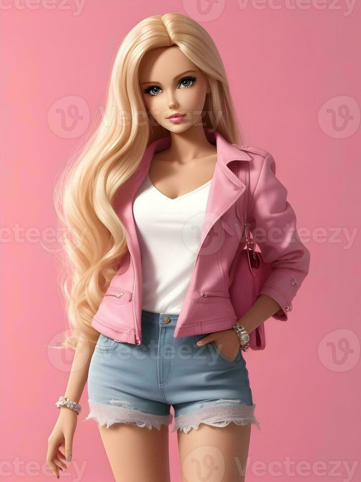 Barbie Doll Cute Blond Girl Pink Outfit Pink Wallpaper AI Generative photo