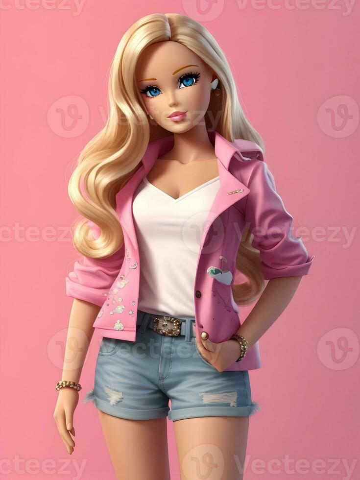 Barbie Doll Cute Blond Girl Pink Outfit Pink Wallpaper AI Generative photo