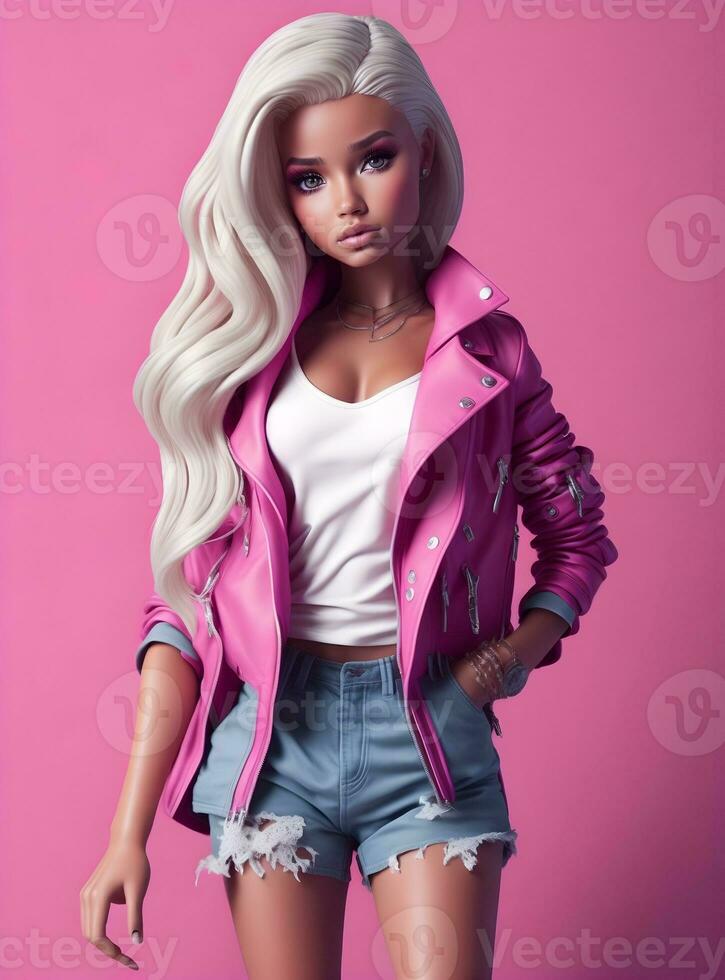 Barbie Doll Cute Blond Girl Pink Outfit Pink Wallpaper AI Generative photo