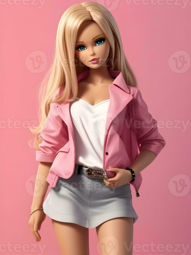 Barbie Doll Cute Blond Girl Pink Outfit Pink Wallpaper AI Generative photo