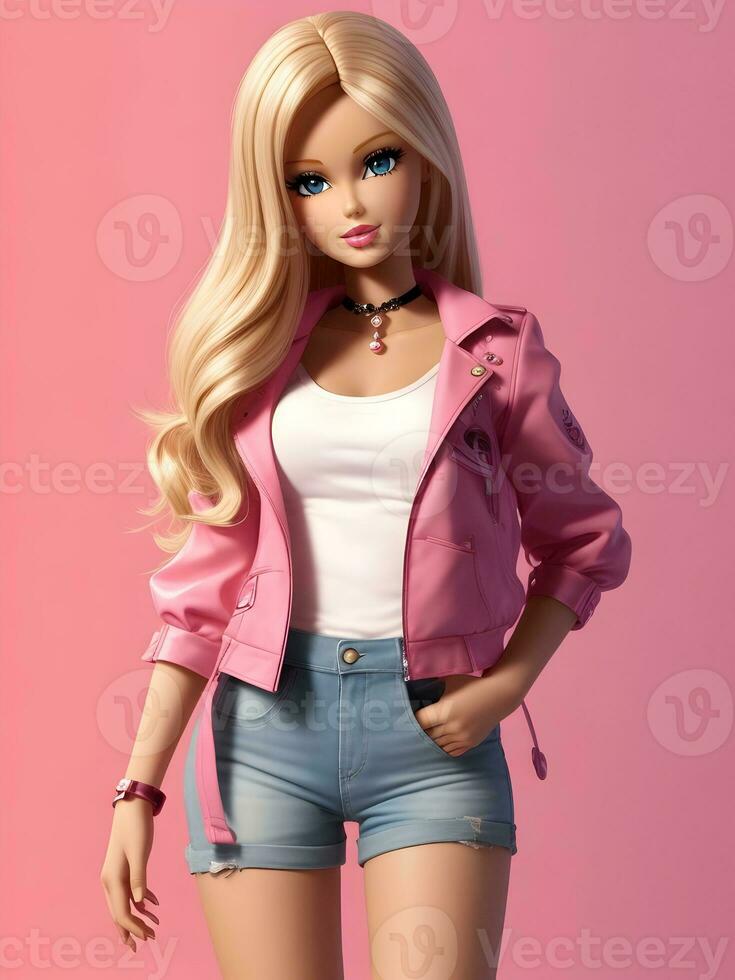 Barbie Doll Cute Blond Girl Pink Outfit Pink Wallpaper AI Generative photo