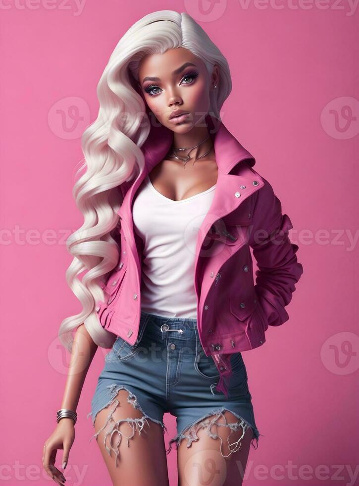 Barbie Doll Cute Blond Girl Pink Outfit Pink Wallpaper AI Generative photo