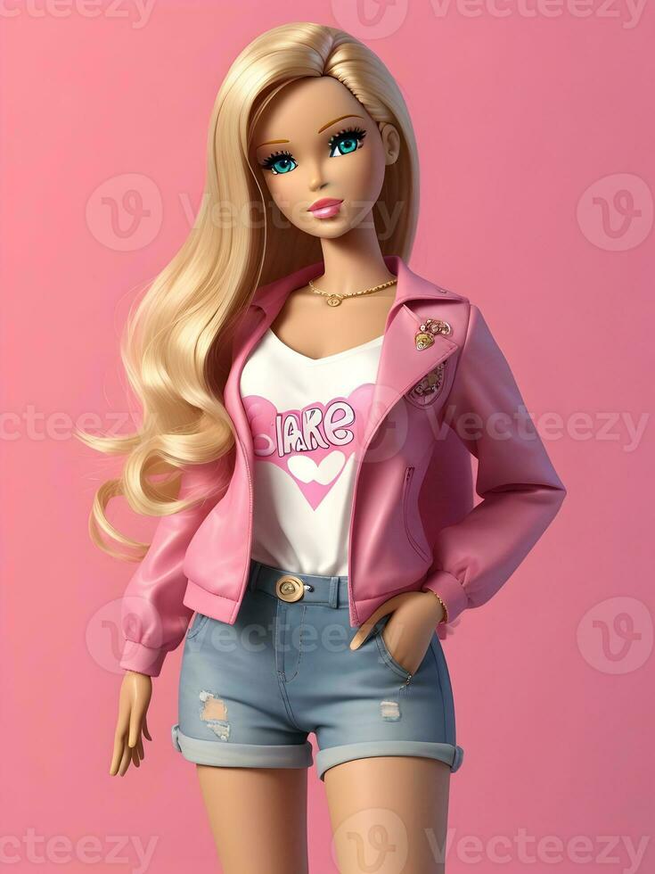 Barbie Doll Cute Blond Girl Pink Outfit Pink Wallpaper AI Generative photo