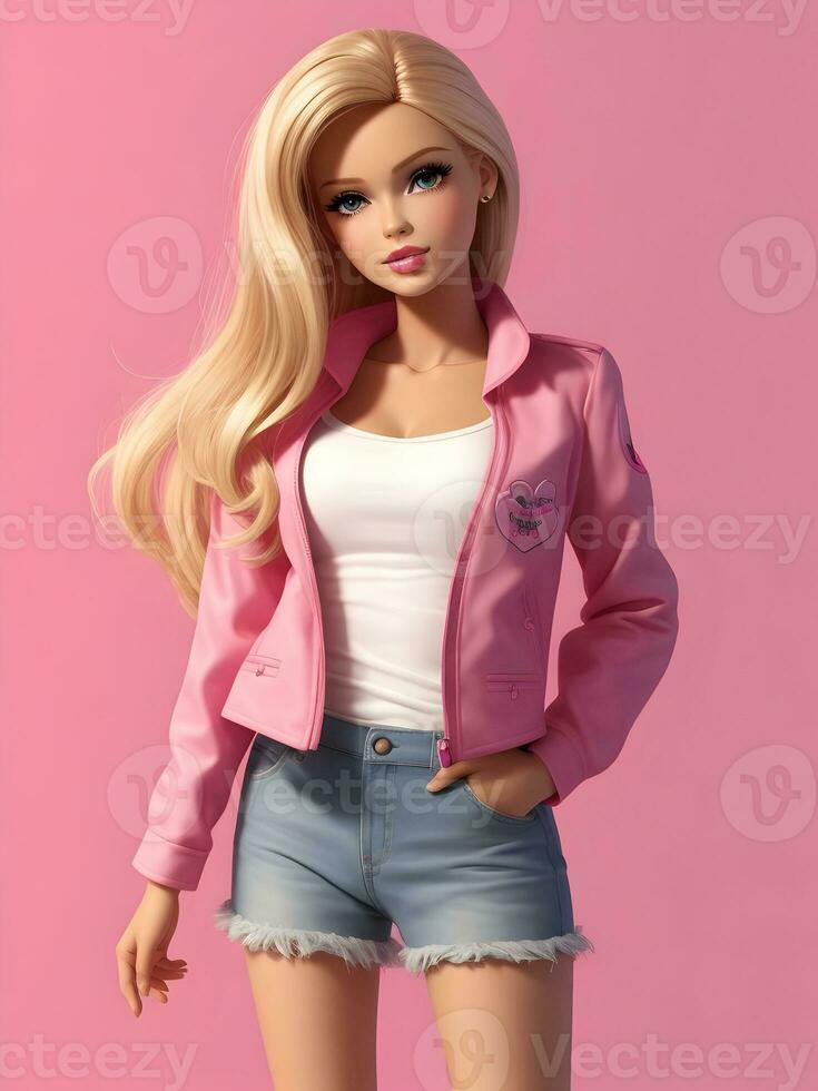 Barbie Doll Cute Blond Girl Pink Outfit Pink Wallpaper AI Generative photo