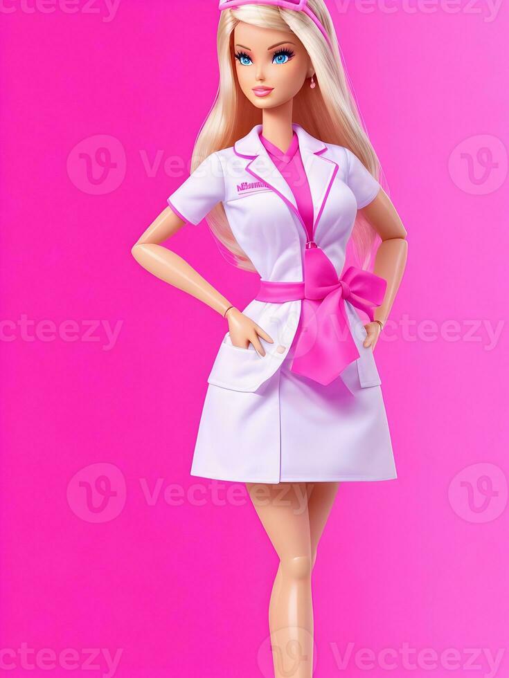 Barbie en médico traje con rosado antecedentes ai generativo foto