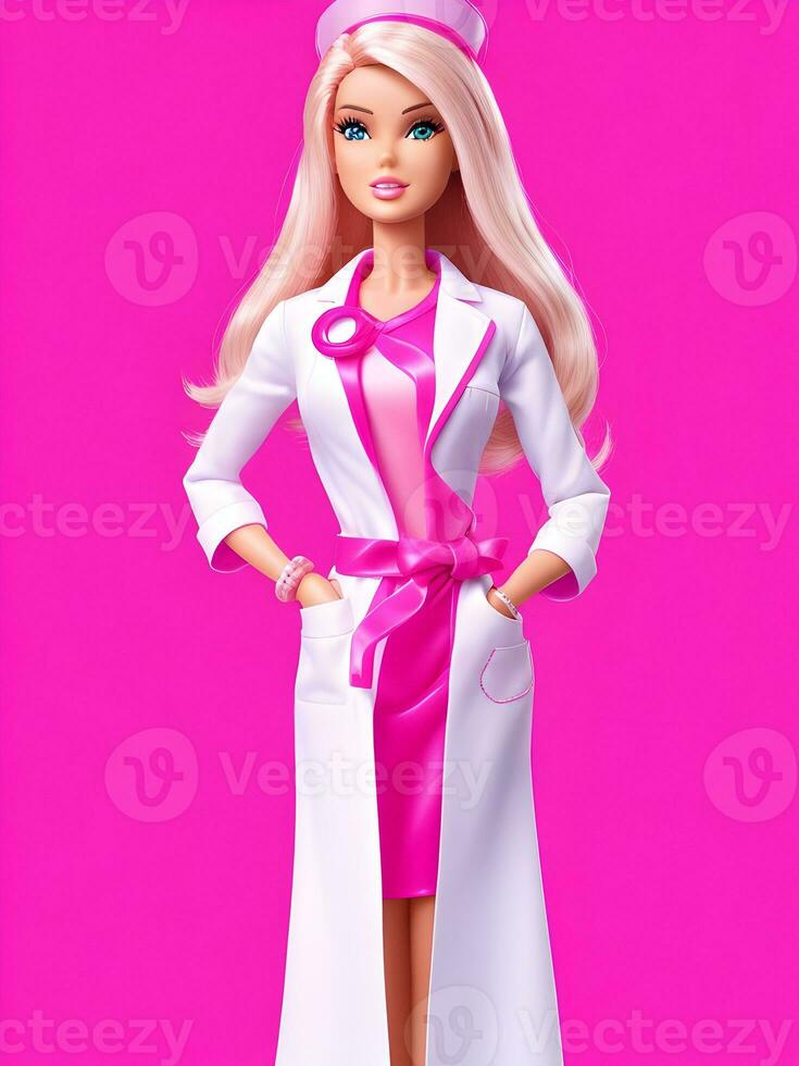 Barbie en médico traje con rosado antecedentes ai generativo foto