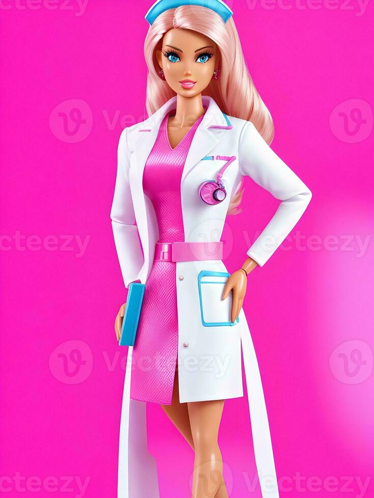 Barbie en médico traje con rosado antecedentes ai generativo foto