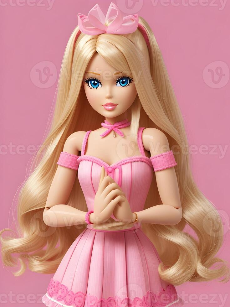 Barbie Doll Cute Blond Girl Pink Outfit Pink Wallpaper AI Generative photo