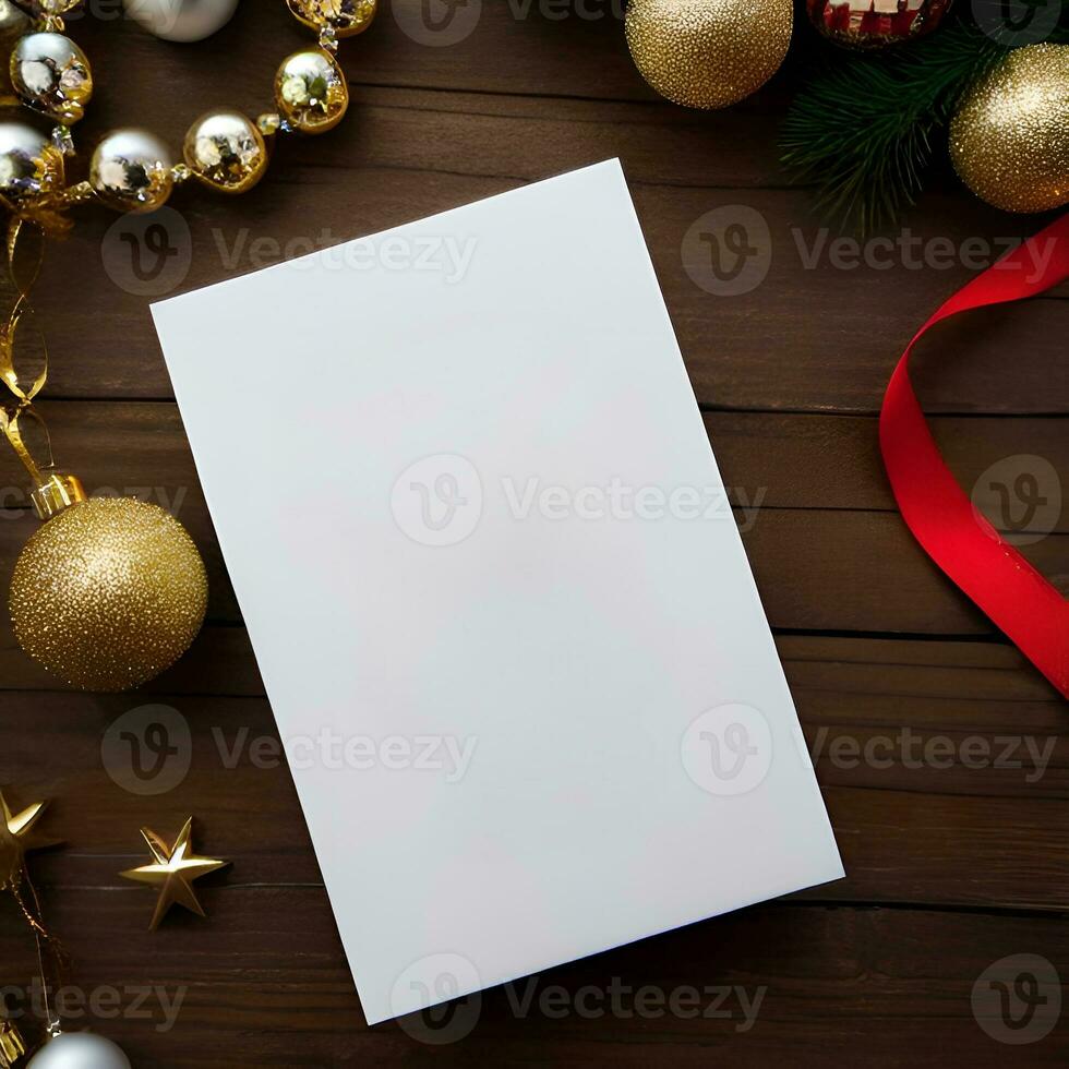 Blank paper card with Christmas Decoration objects  around - Generated image photo