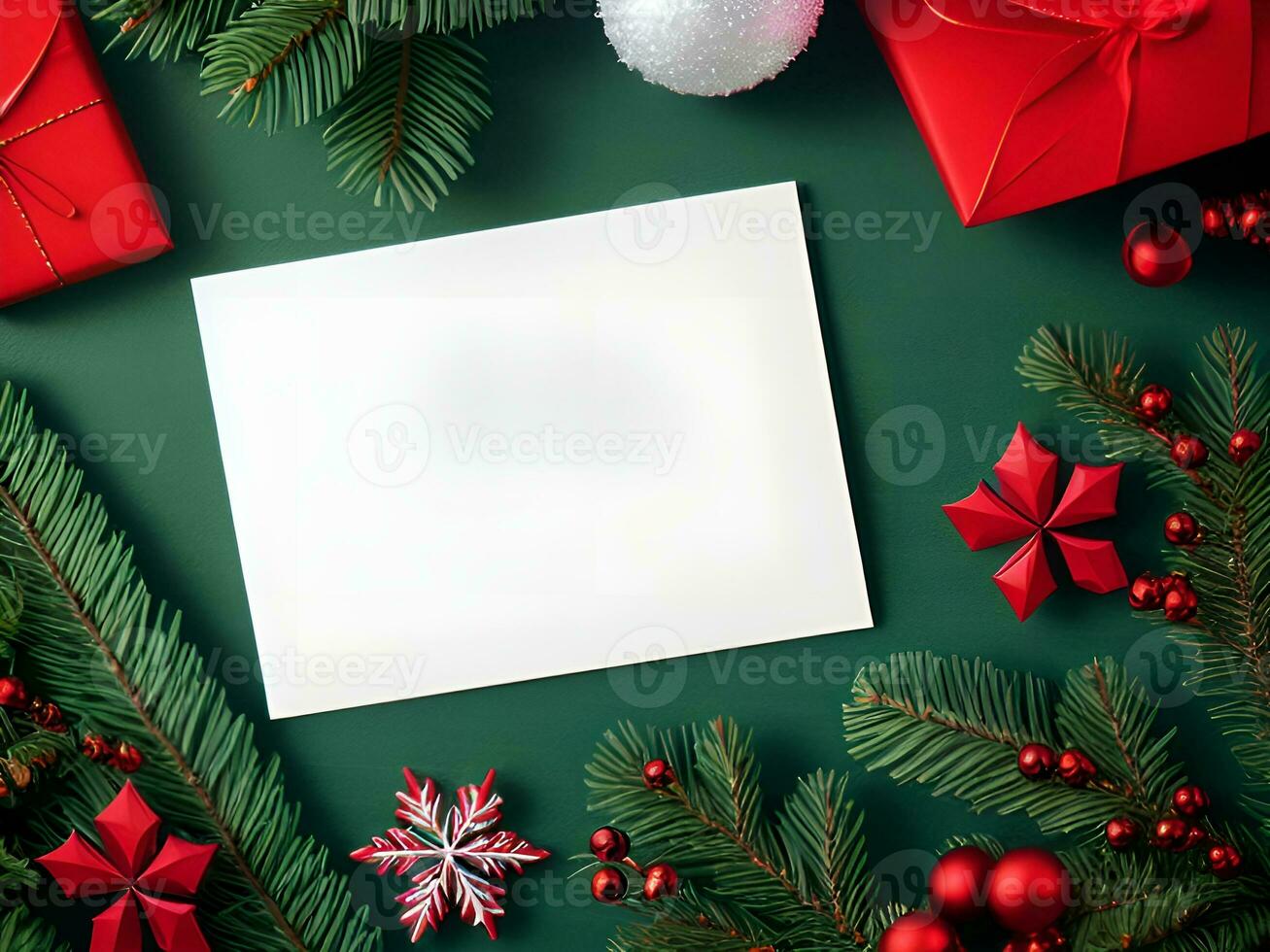 Blank paper card with Christmas Decoration objects  around - Generated image photo