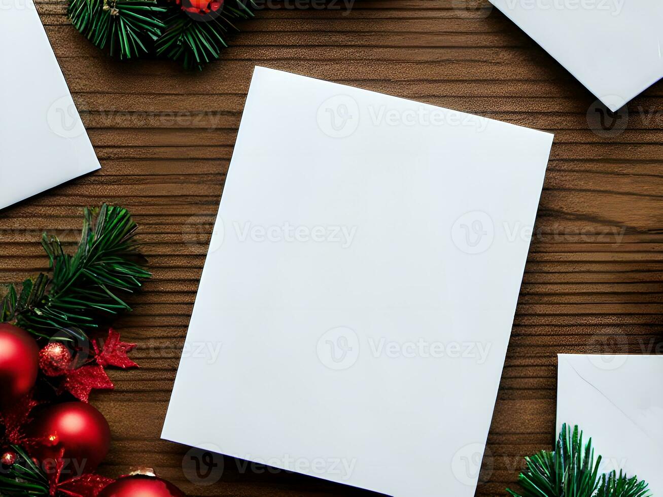 Blank paper card with Christmas Decoration objects  around - Generated image photo