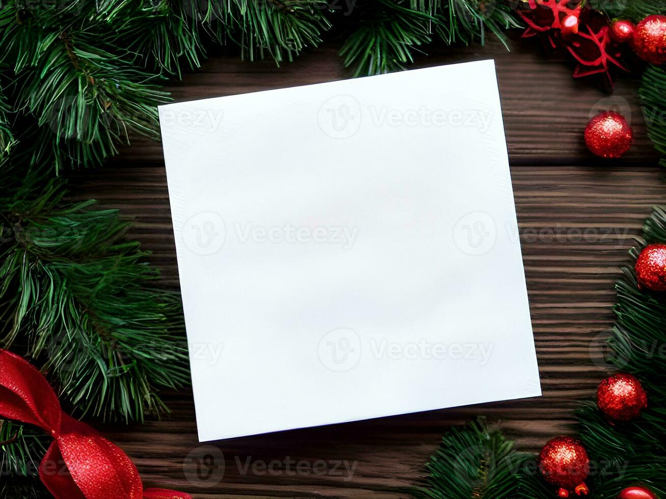 Blank paper card with Christmas Decoration objects  around - Generated image photo