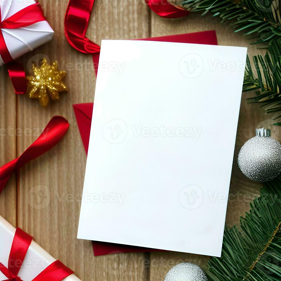 Blank paper card with Christmas Decoration objects  around - Generated image photo