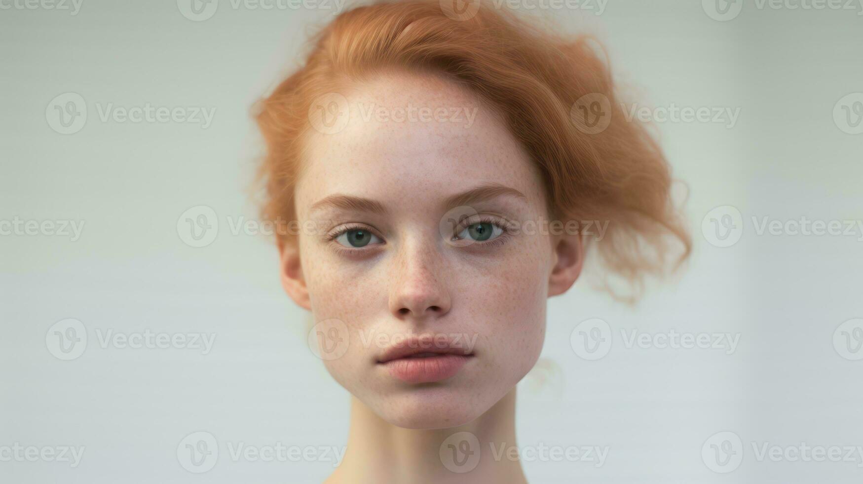 Portrait of a redhead girl with freckles on her face Generative AI photo