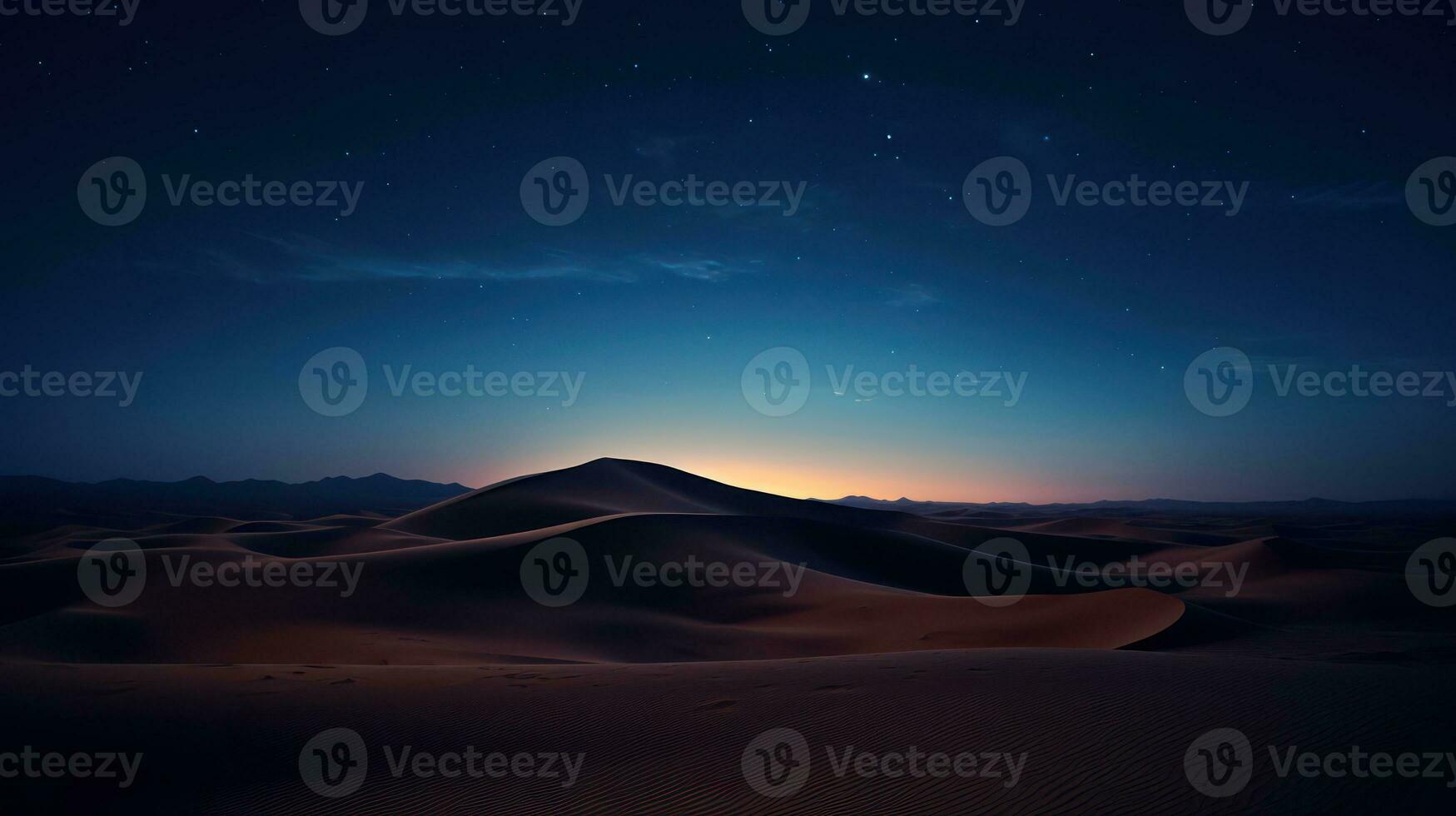 Desert sand dunes at night with starry sky. 3d rendering Generative AI photo