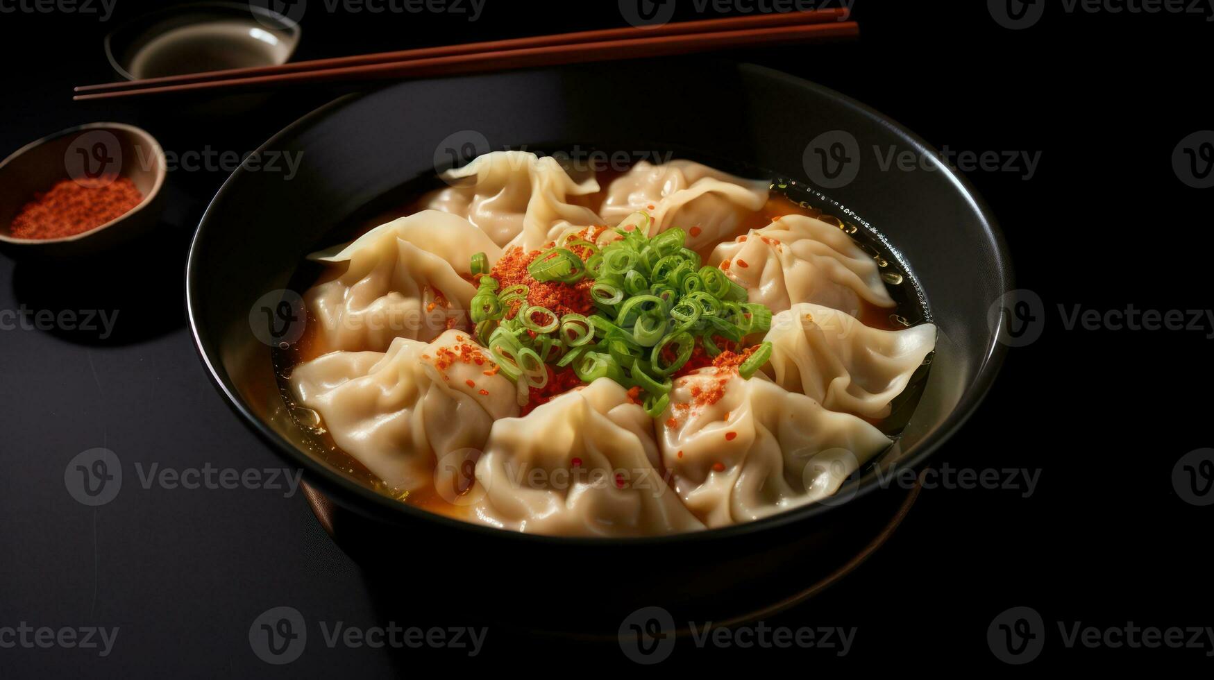 Japanese dumplings in black bowl with chopsticks on black background photo