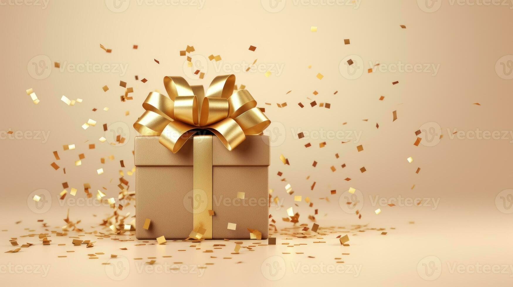 Golden gift box with gold bow and confetti. 3d rendering Generative AI photo