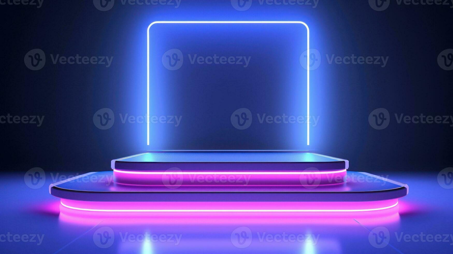 Neon podium illuminated with blue neon light, 3d render illustration Generative AI photo