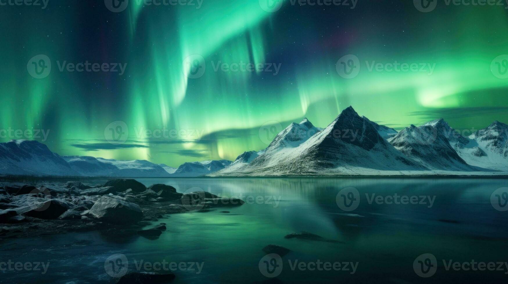 Aurora borealis, northern lights over snowy mountains and lake Generative AI photo