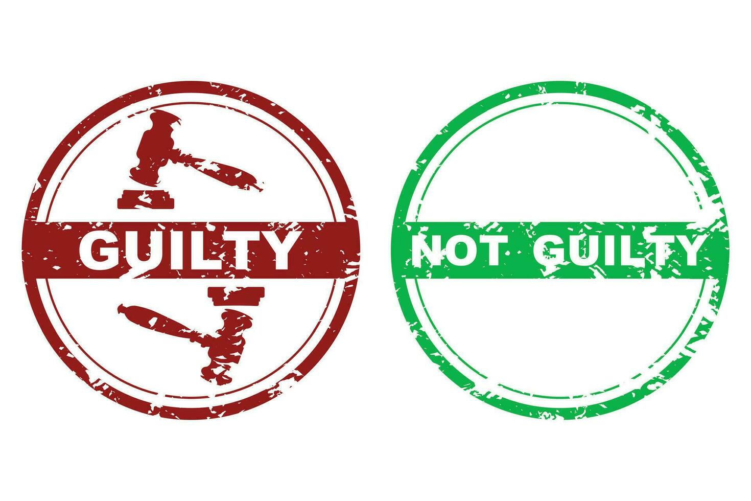 Rubber stamp guilty and not guilty. Court judicial verdict, stamp badge not guilt. Vector illustration