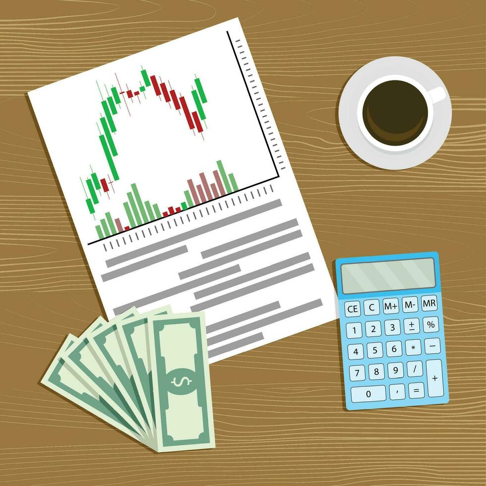 Playing stock market. Vector financial business investment, economy growth, candlestick chart and banknote illustration