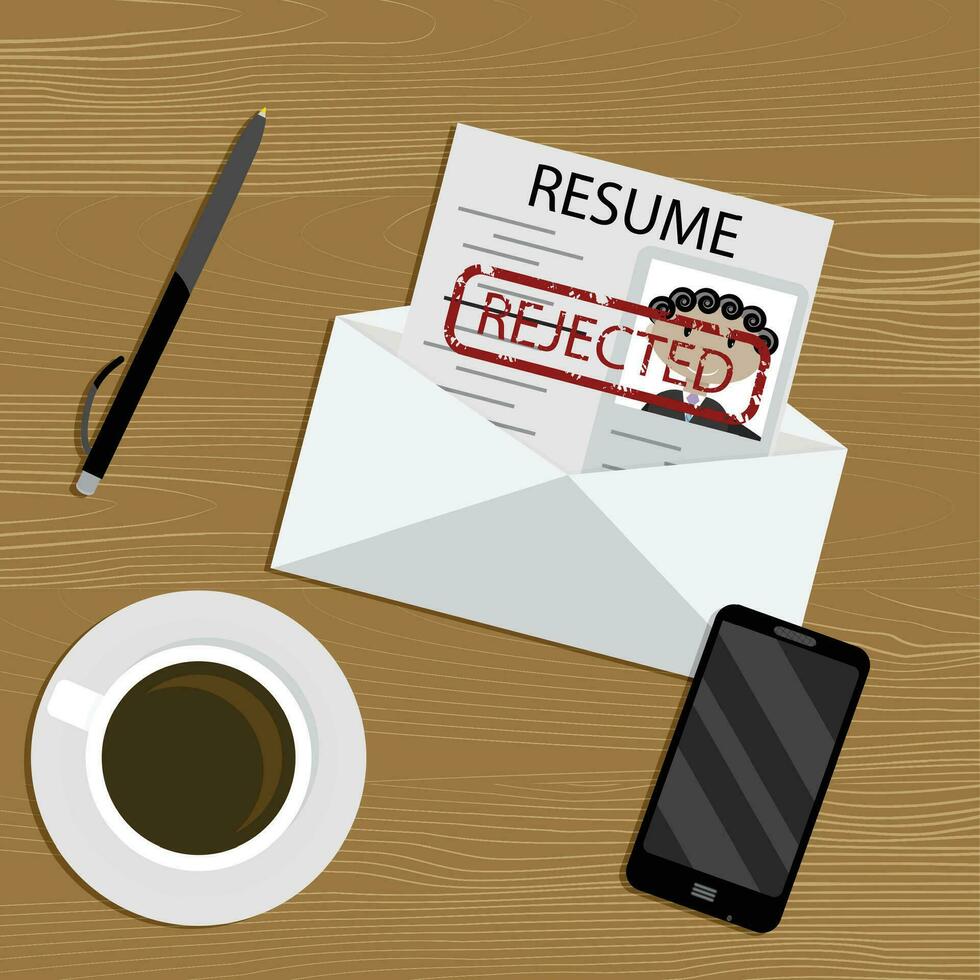 Rejected job concept. Rejection document cv, employment paper rejected. Vector illustration