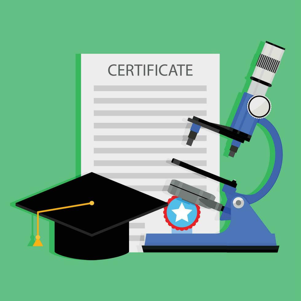 Diploma science degree concept. Education and knowledge to degree, diploma and graduation, science in university, vector illustration