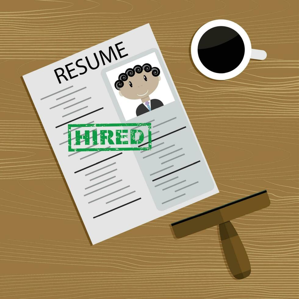 Hired concept top view. Recruitment and document cv top view, application candidate to work. Vector illustration