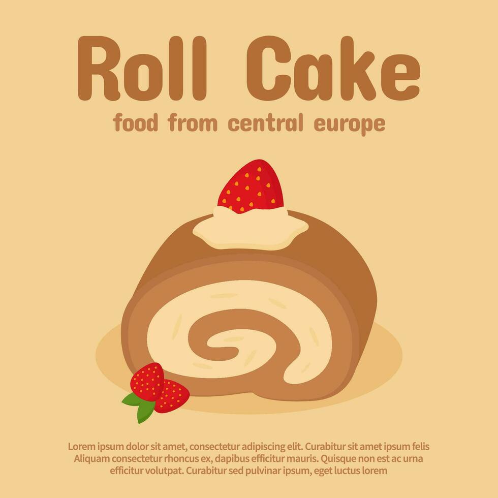 promotional template for rolled sponge cake with a flat illustration of cute rolled sponge cake for a bakery shop vector