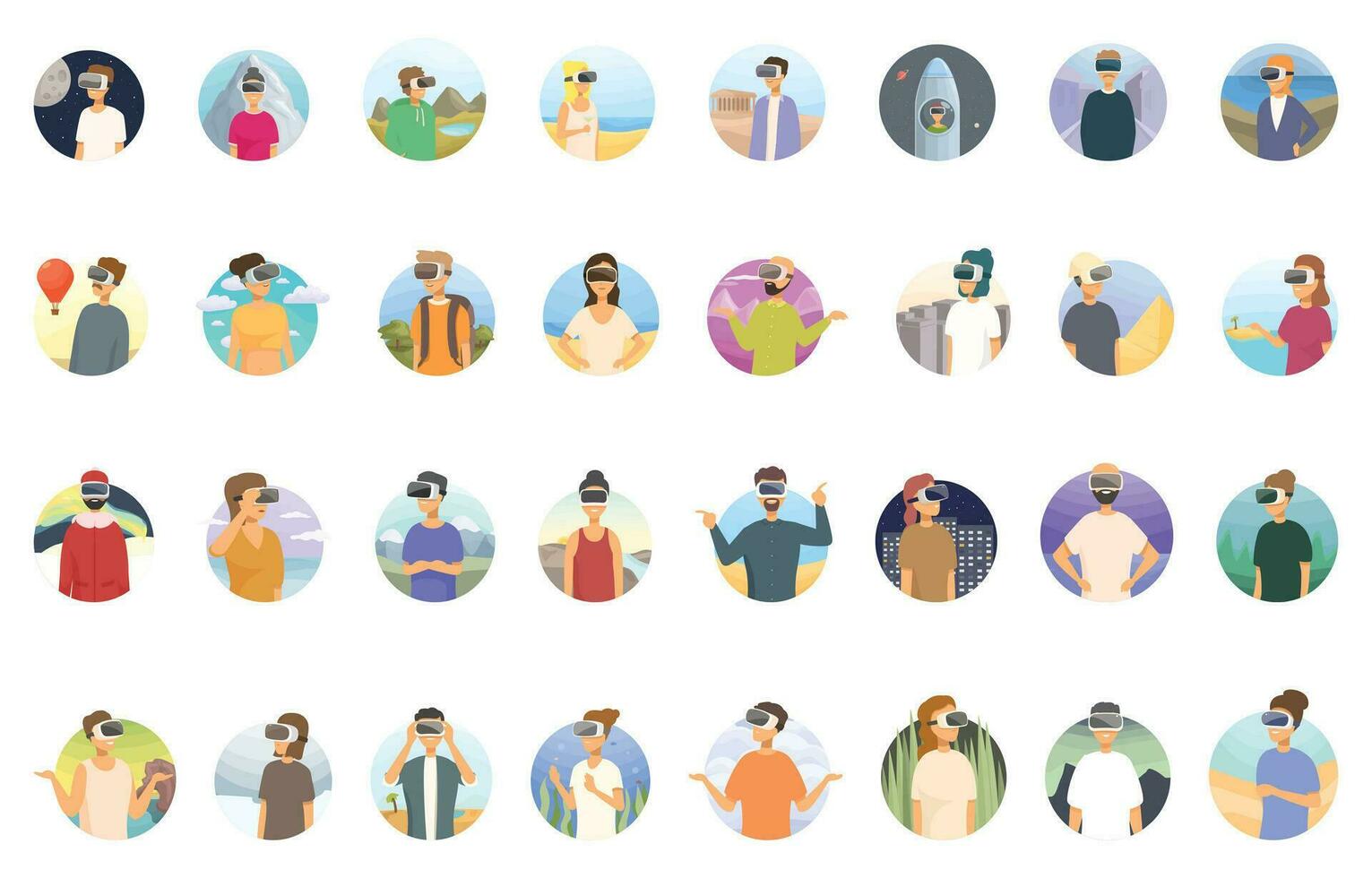 Virtual reality travel icons set cartoon vector. Education vr game vector