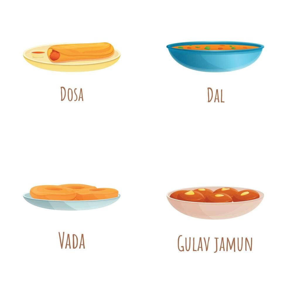 Indian food icons set cartoon vector. Traditional indian meal vector
