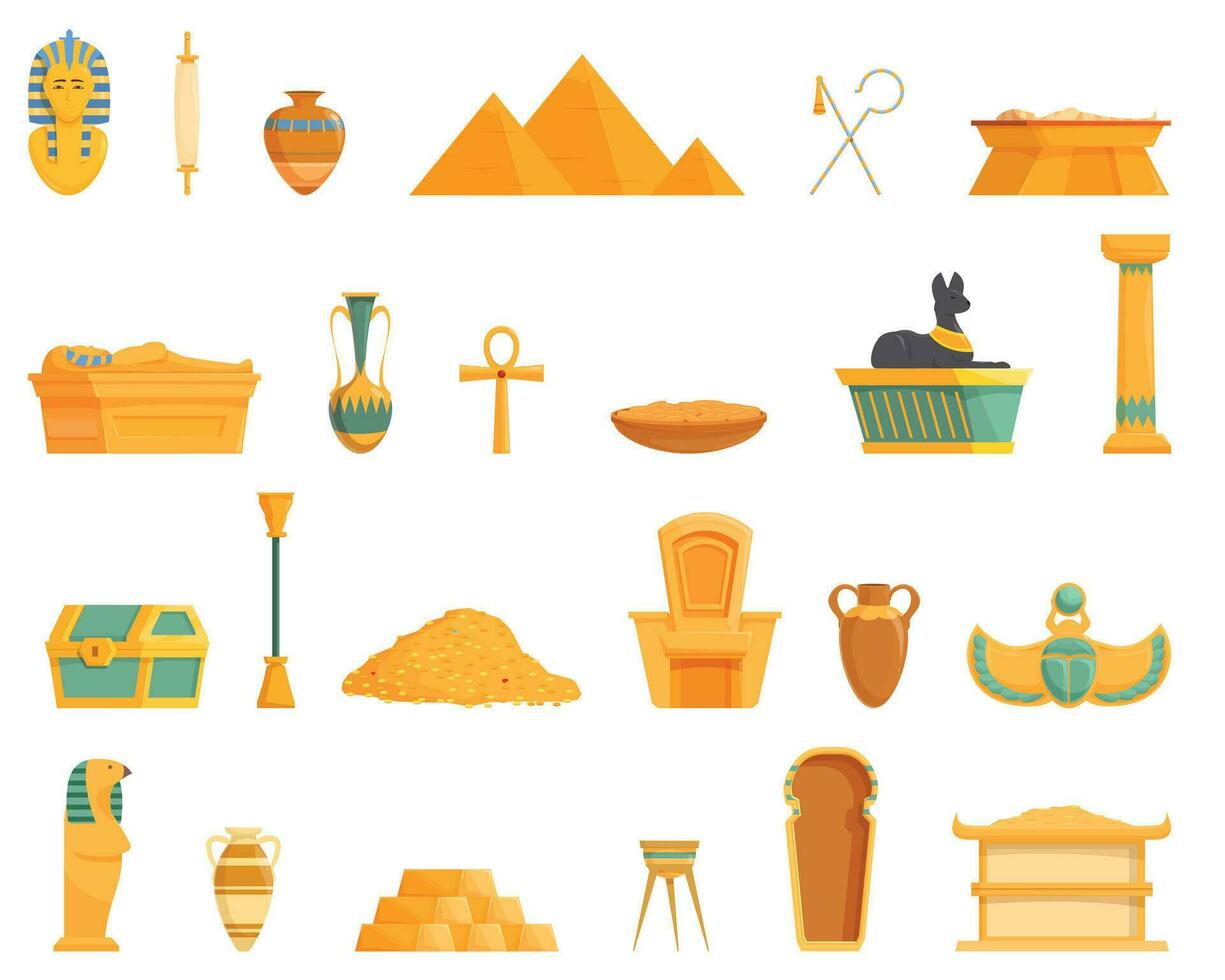 Pharaoh tomb icons set cartoon vector. Ancient pillar pyramid vector