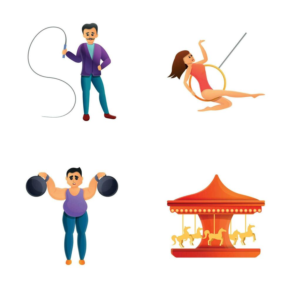 Circus artist icons set cartoon vector. Aerialist animal trainer and strongman vector