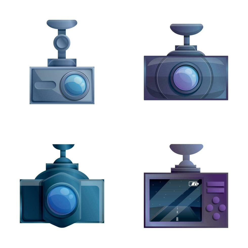 Car registrar icons set cartoon vector. Car dvr vector