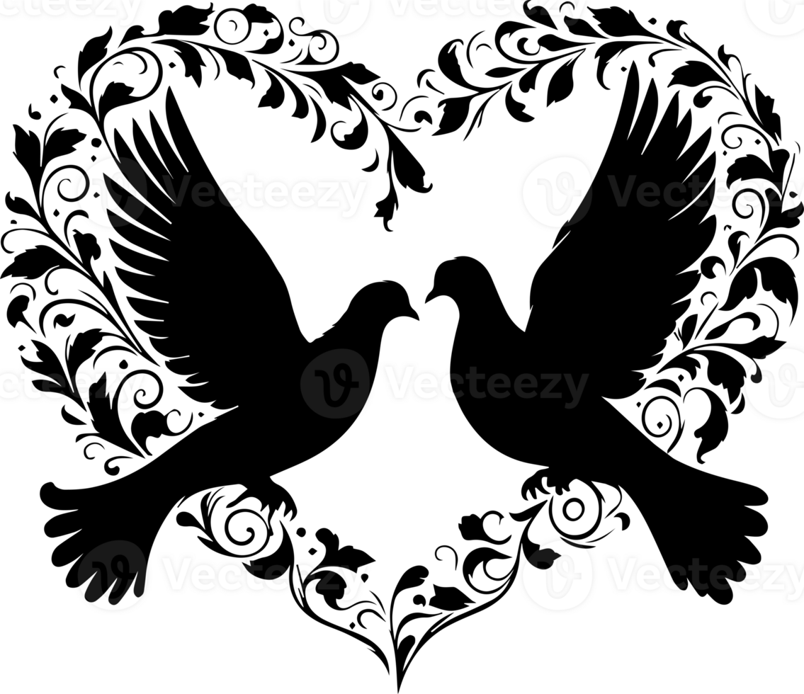 silhuetas casal do uma fofa pássaros dentro coração forma para amoroso em dia dos namorados dia vetor em uma transparente fundo png