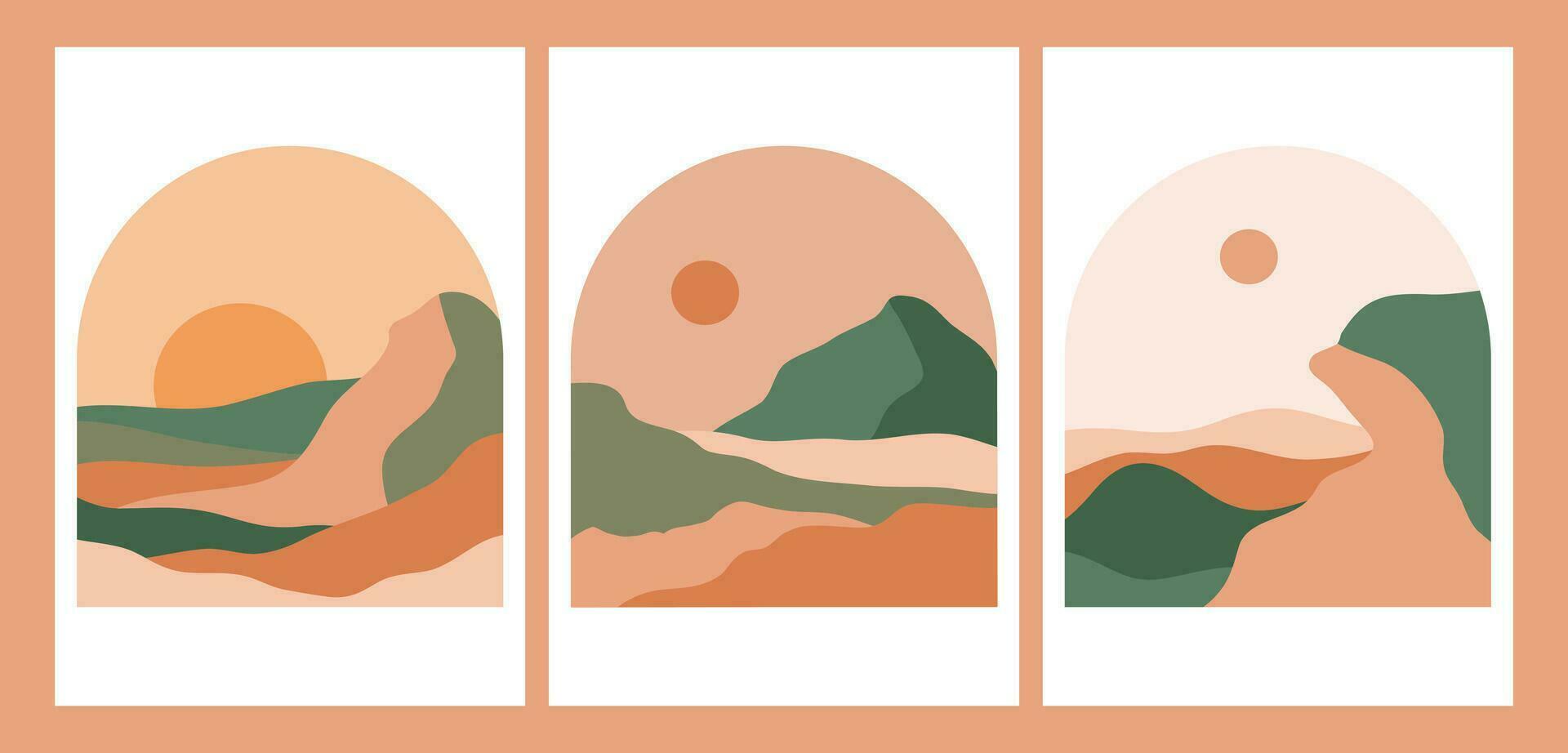 Set of Round Mountains logo. Round logo for stickers, poster logos, card. Minimalist style landscape illustrations of Mid century modern art with river, hills, wave vector