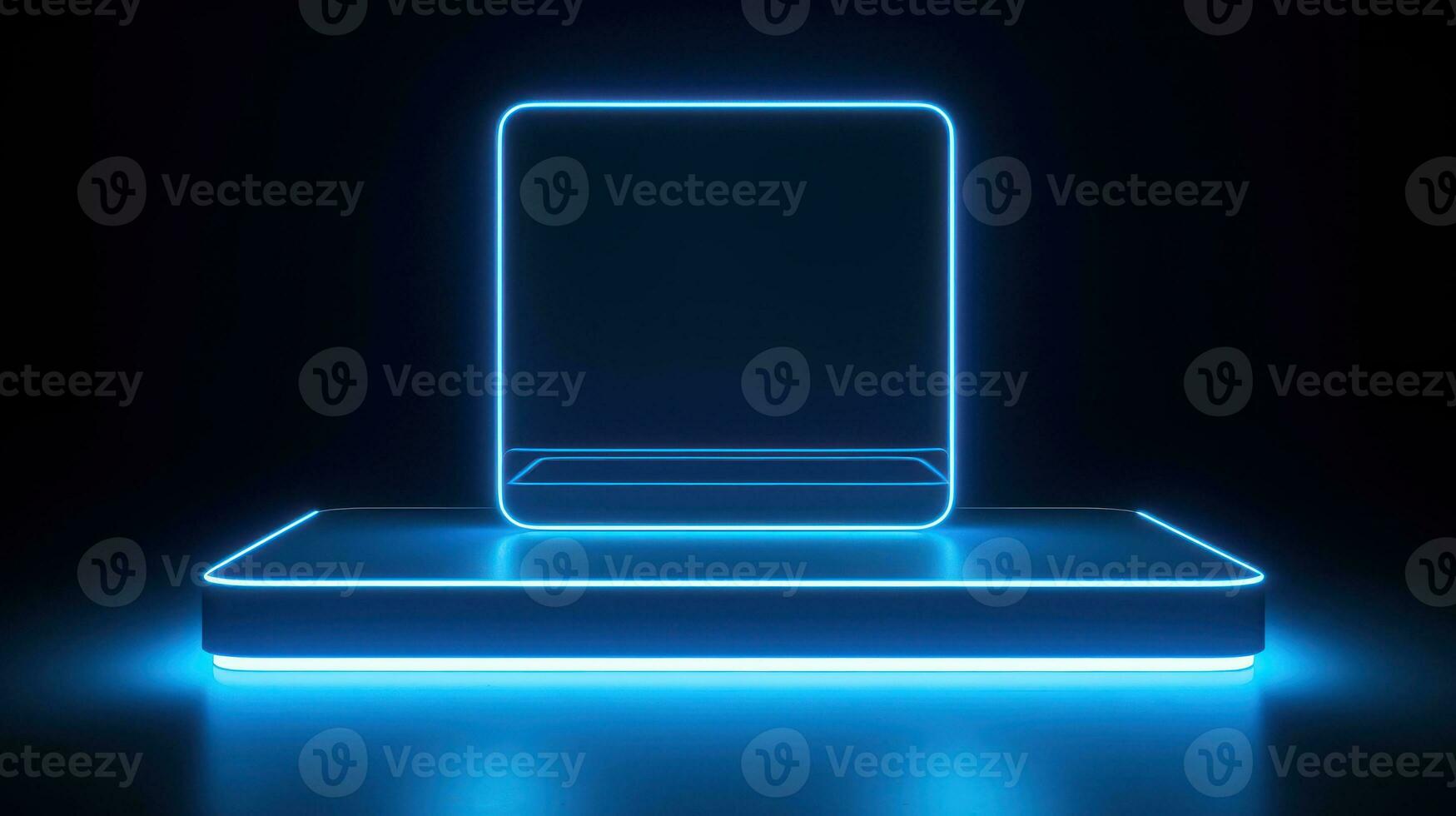 3d rendering of a neon display on a dark background with blue lights Generative AI photo
