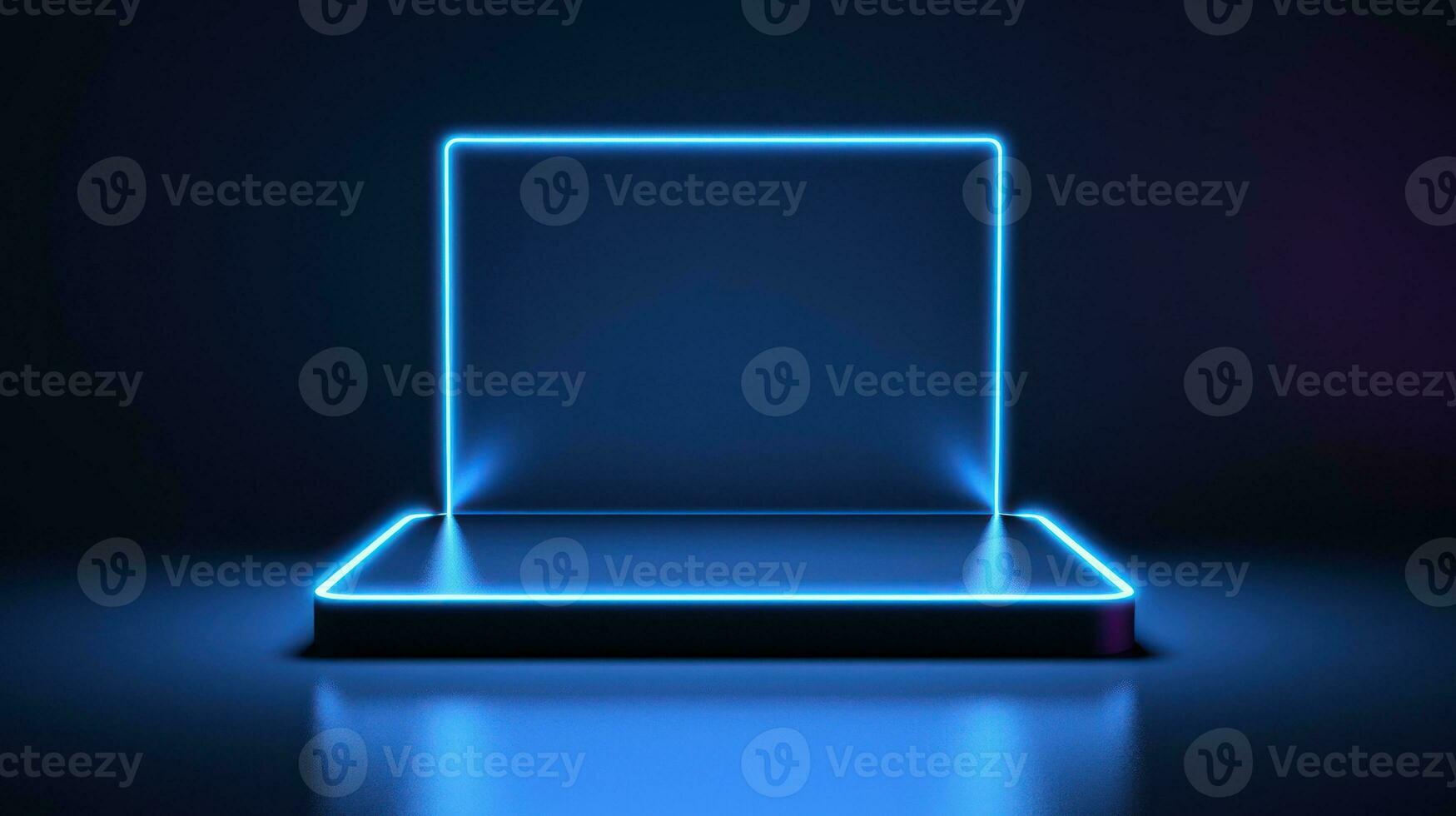 Illuminated neon display stand on dark background. 3D rendering Generative AI photo