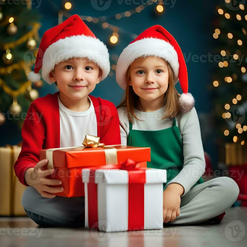 contento niño con un Navidad regalo cajas con un decorado Navidad árbol en un habitación - generado imagen foto