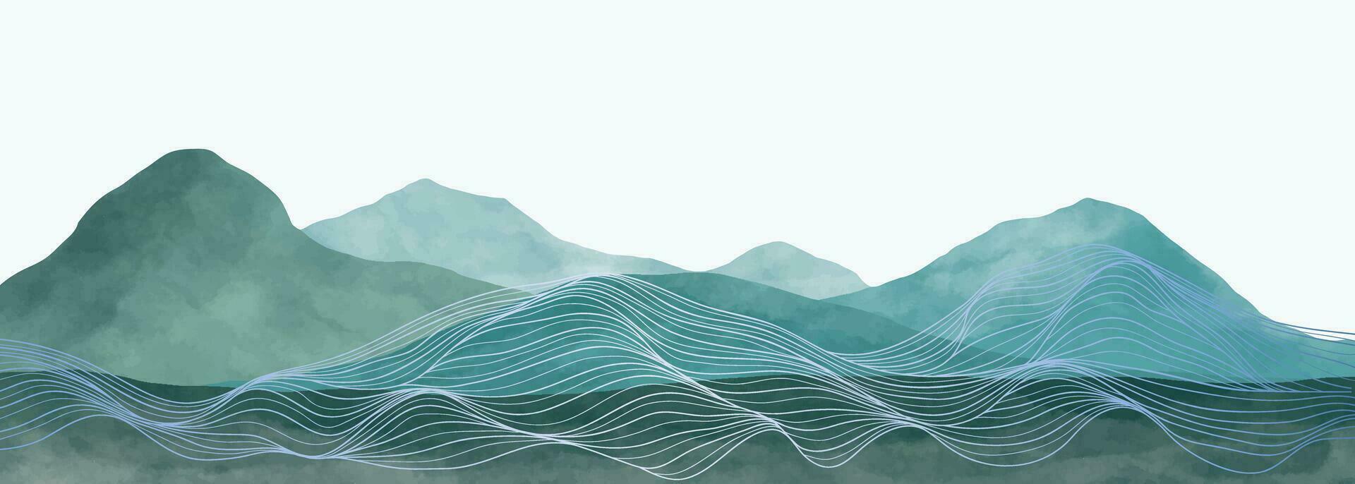 Mountain landscape watercolor painting illustration with line art pattern. Abstract contemporary aesthetic backgrounds landscapes. mountains, hills and skyline vector