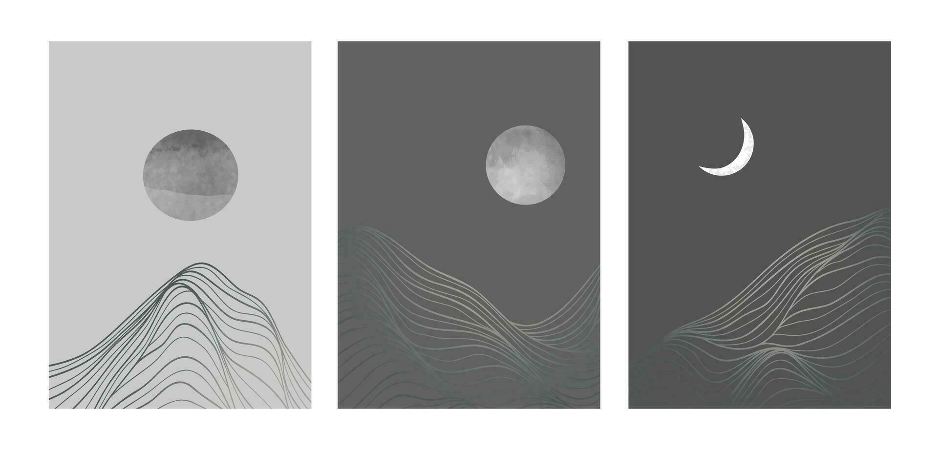 set of creative minimalist modern line art print. Abstract mountain contemporary aesthetic backgrounds landscapes. with mountain, forest, sea, skyline, wave. vector illustrations