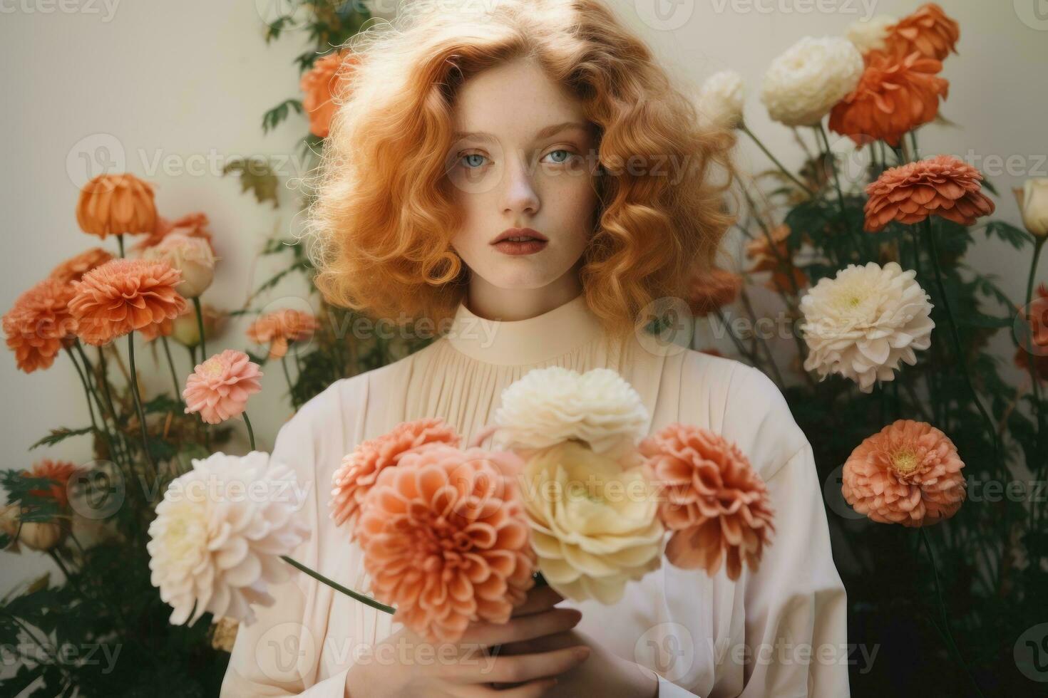 Portrait of a red-haired girl with a bouquet of flowers Generative AI photo
