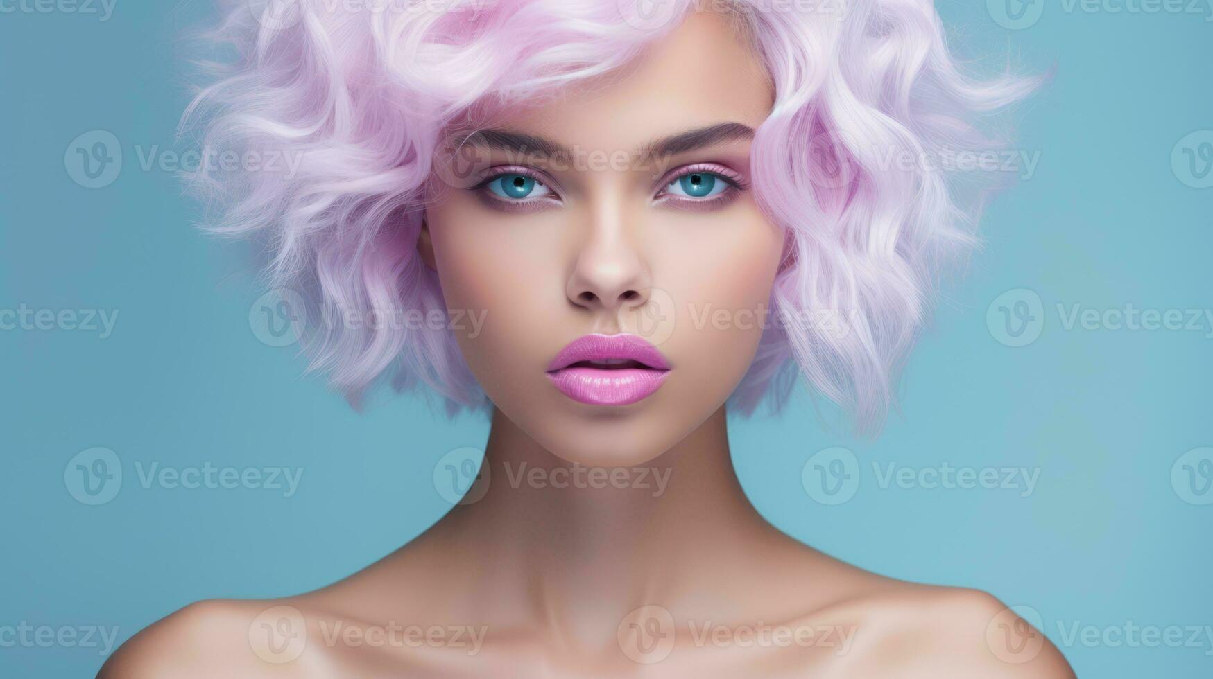 Portrait of beautiful young woman with pink hair and bright makeup. Generative AI photo