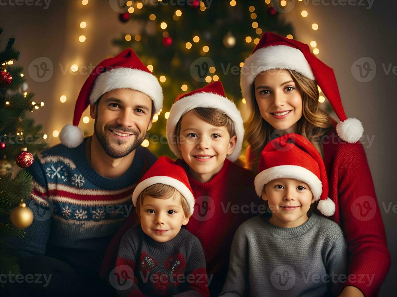 contento familia con padres y hijo en un habitación. con regalo caja en un Navidad día - generado imagen foto