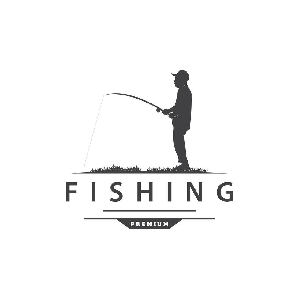 Angler Fishing Logo, Simple Outdoor Fishing Man Silhouette Template Design vector